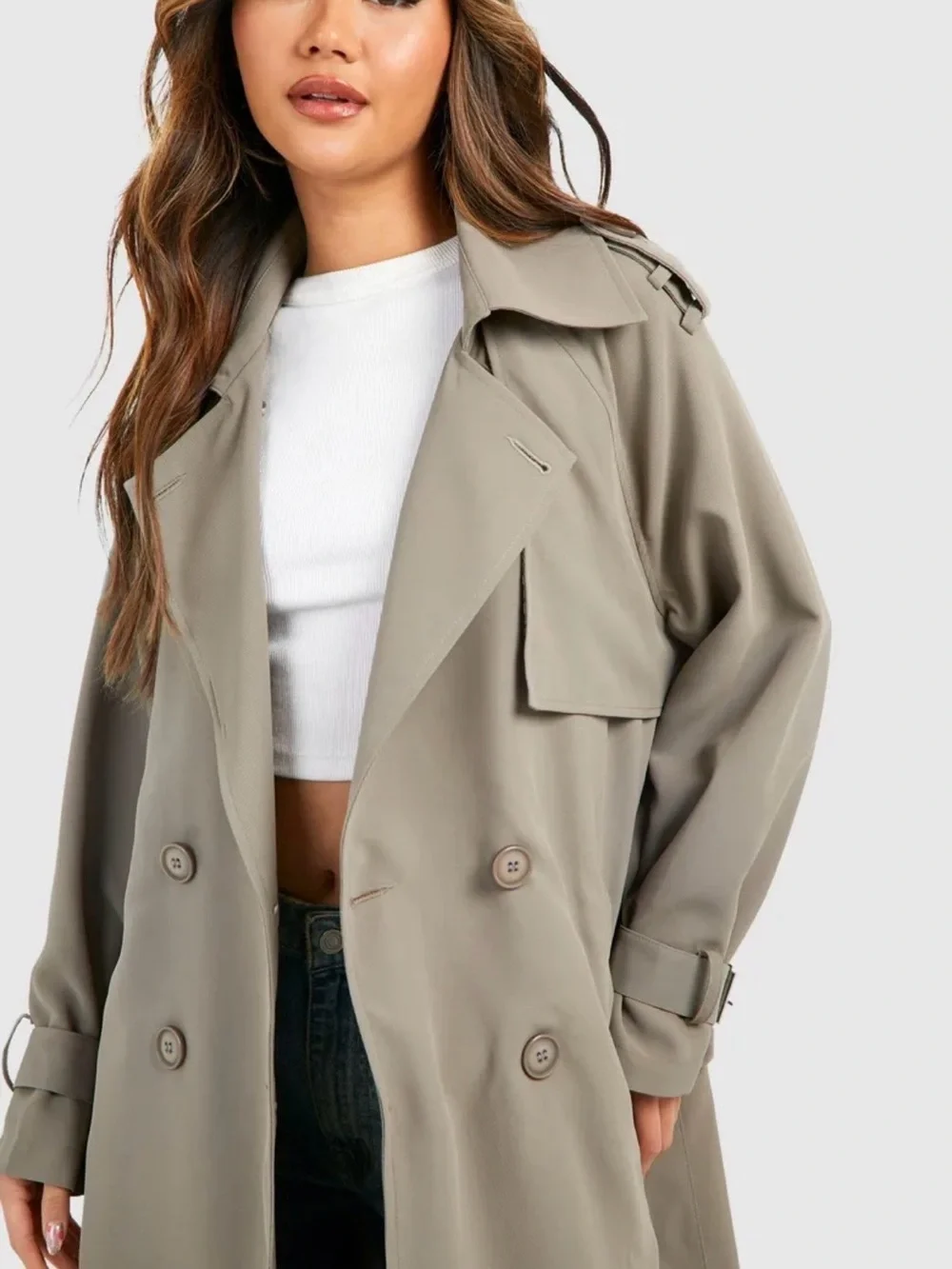 PLT - Women's Dark Oversized Taupe Trench Coat - Picture 5 of 8